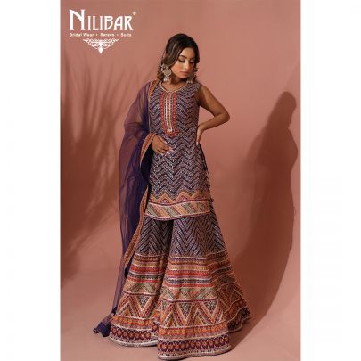 Cyber Grape Georgette and Net Palazzo Suit