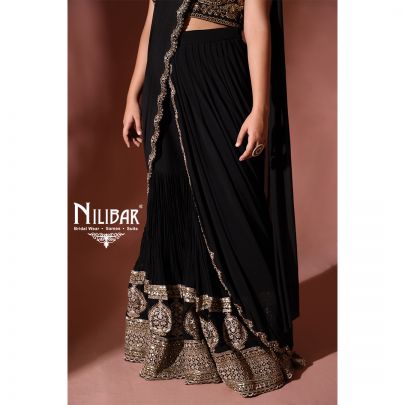 Jade Black and Golden Georgette Draped Saree