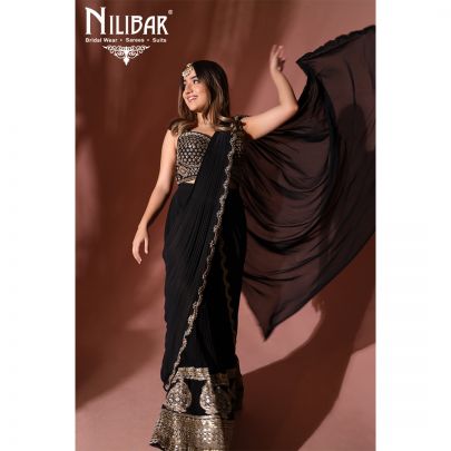 Jade Black and Golden Georgette Draped Saree