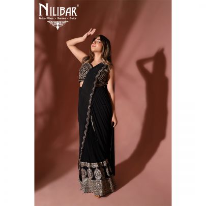Jade Black and Golden Georgette Draped Saree