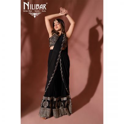 Jade Black and Golden Georgette Draped Saree