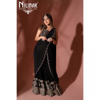 Jade Black and Golden Georgette Draped Saree