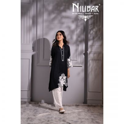 Oil Black and White Cotton Kurti Set