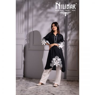 Oil Black and White Cotton Kurti Set