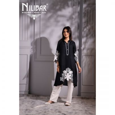 Oil Black and White Cotton Kurti Set
