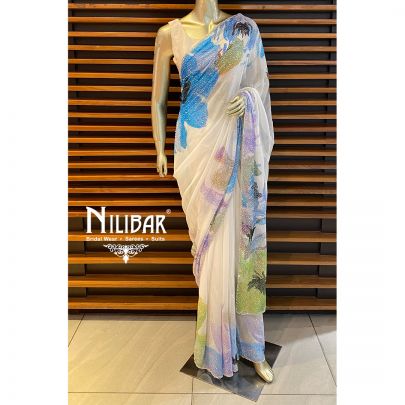 White Georgette Printed Saree