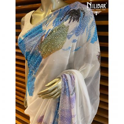 White Georgette Printed Saree