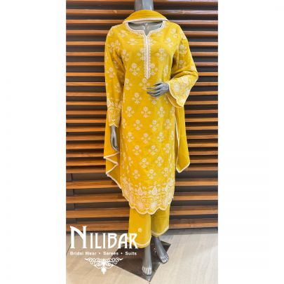 Yellow Cotton Thread Pant Suit