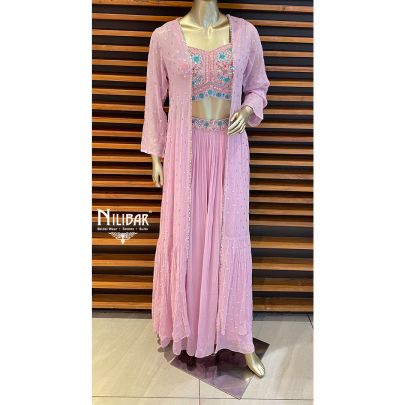 Mauve Pink Georgette and Silk Jacket Style Suit