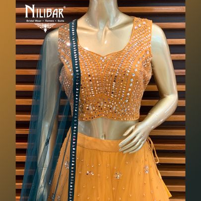Orange and Bottle Green Net Lehenga