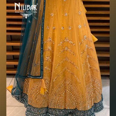 Orange and Bottle Green Net Lehenga