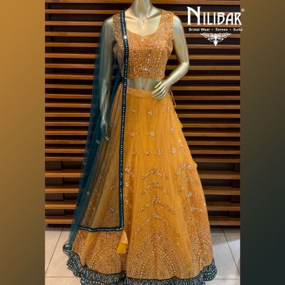 Orange and Bottle Green Net Lehenga