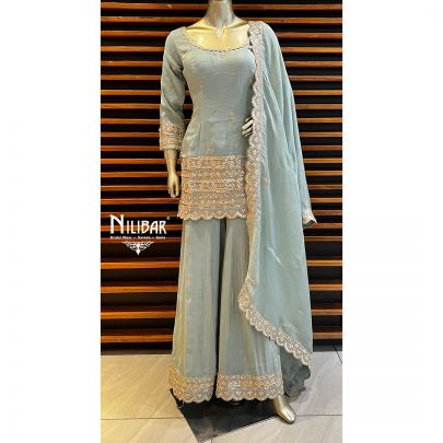 Tea Green Silk  Palazzo Suit Set