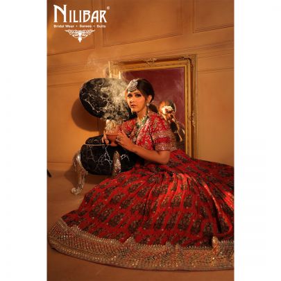 mehroon Silk and Chinon Bridal  Lehenga