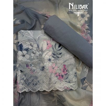 Grey Cotton Printed Unstitched Suit With Dupatta