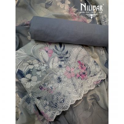 Grey Cotton Printed Unstitched Suit With Dupatta