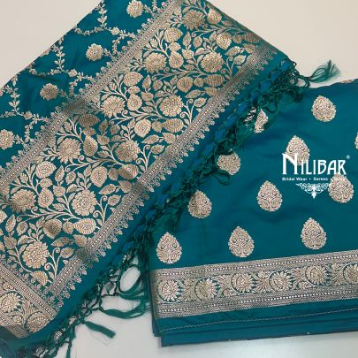 Turquoise Banarasi Silk Unstitched Suit