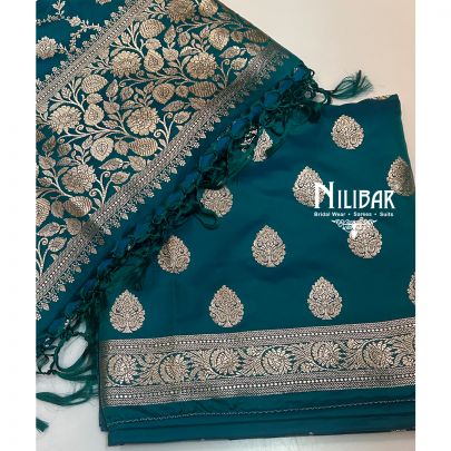 Turquoise Banarasi Silk Unstitched Suit