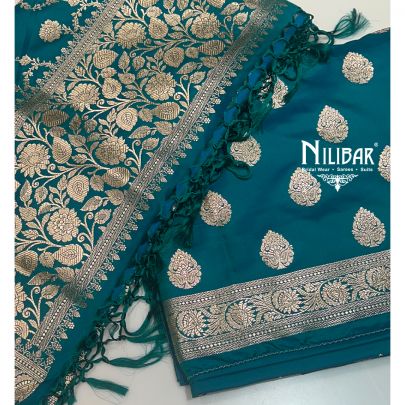 Turquoise Banarasi Silk Unstitched Suit