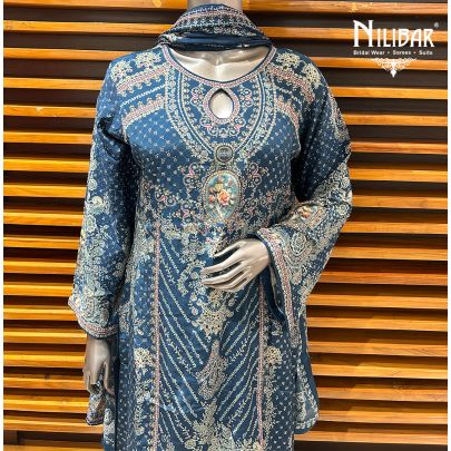 Blue Crepe Printed Palazzo Suit