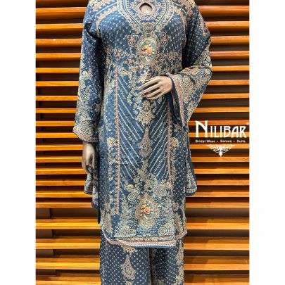 Blue Crepe Printed Palazzo Suit