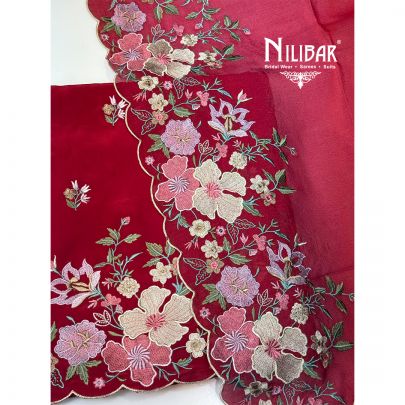 Red Crepe Embroidered Unstithed Suit