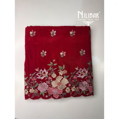 Red Crepe Embroidered Unstithed Suit