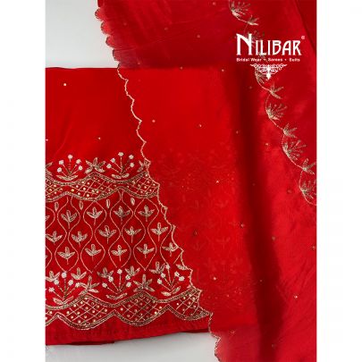 Red Crepe Embroidered Unstithed Suit