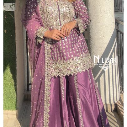 Sifty Batra in Our Purple Silk Flared Palazzo Suit