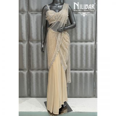 Cream Lycra Soft Net Drape Pleated Saree