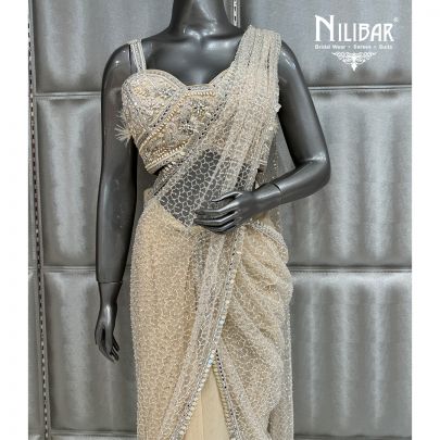 Cream Lycra Soft Net Drape Pleated Saree