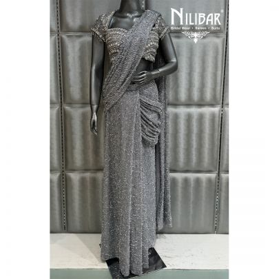 Grey Soft Net Drape Pleated Saree