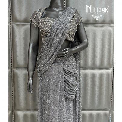 Grey Soft Net Drape Pleated Saree