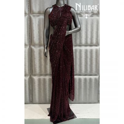 Mehroon Soft Net Drape Pleated Saree