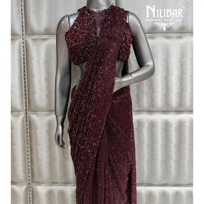 Mehroon Soft Net Drape Pleated Saree