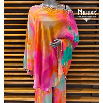 Multicolor Crepe Crop Top With Flowy Bottom