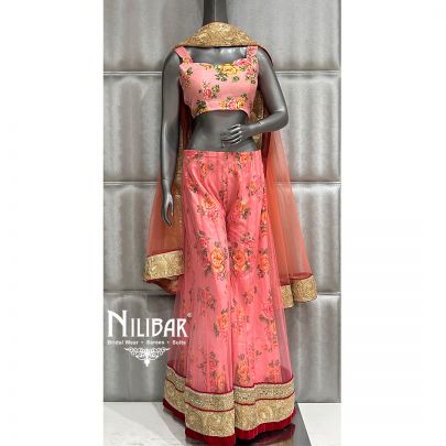 Baby Pink Printed Net and Silk Indo Western Set