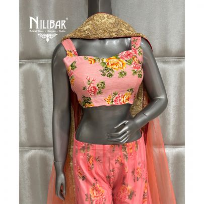 Baby Pink Printed Net and Silk Indo Western Set