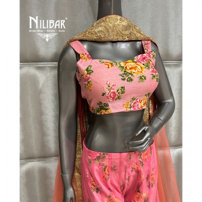 Baby Pink Printed Net and Silk Indo Western Set