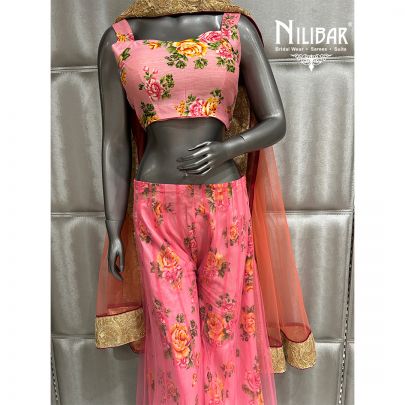Baby Pink Printed Net and Silk Indo Western Set
