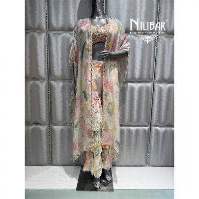 White Georgette Floral Cape Set