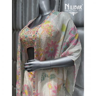 White Georgette Floral Cape Set