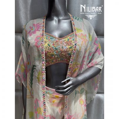 White Georgette Floral Cape Set