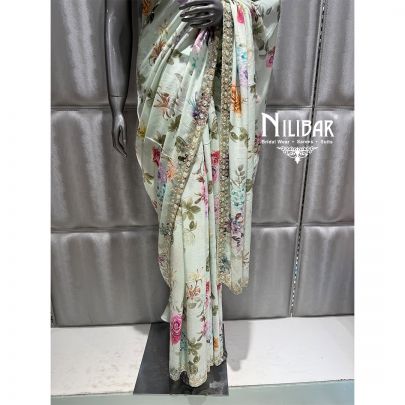 Sea Green Chinon Floral Lehenga