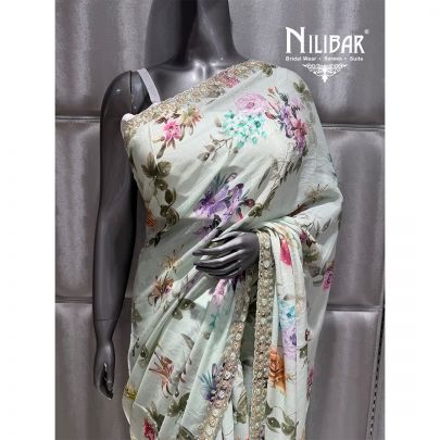 Sea Green Chinon Floral Lehenga