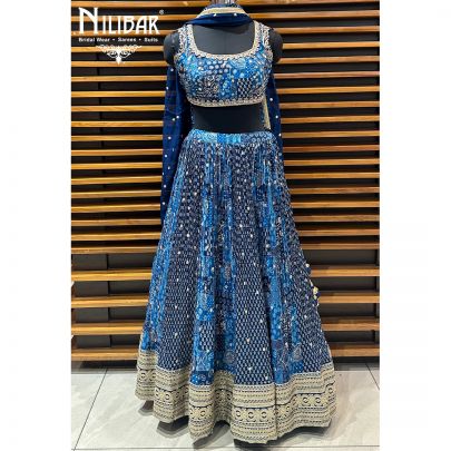 Blue Chinon Printed Lehenga