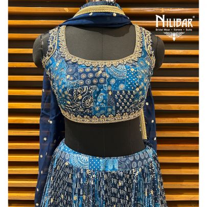 Blue Chinon Printed Lehenga