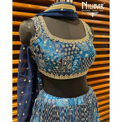Blue Chinon Printed Lehenga