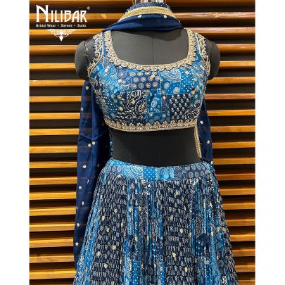 Blue Chinon Printed Lehenga