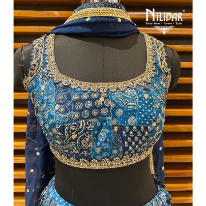 Blue Chinon Printed Lehenga